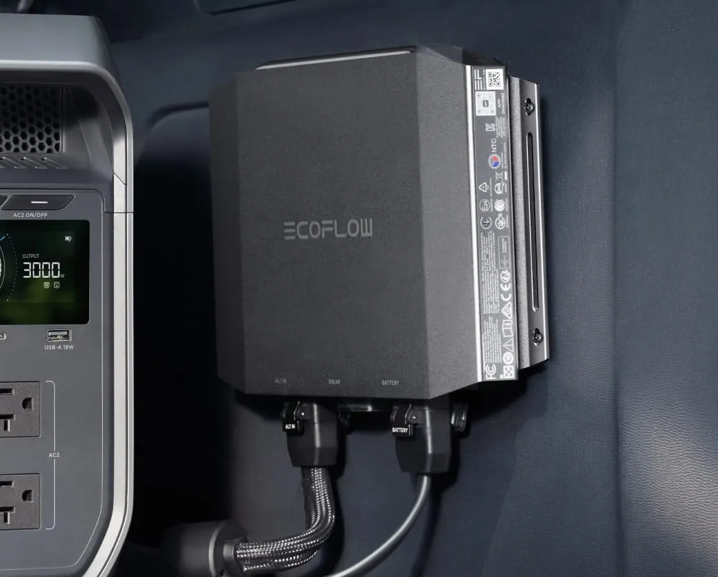 EcoFlow Alternator Charger Plus 1000 with two cables connected