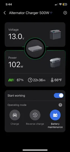 Screenshot of 500W alternator charger with XT150 cable in maintenance mode in EcoFlow app