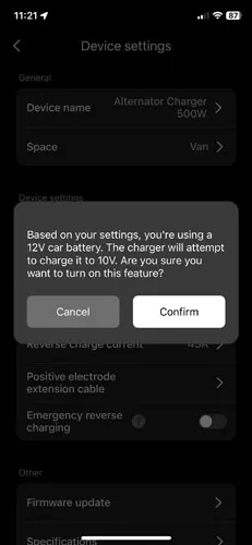 Screenshot of emergency reverse charge confirm popup in EcoFlow app